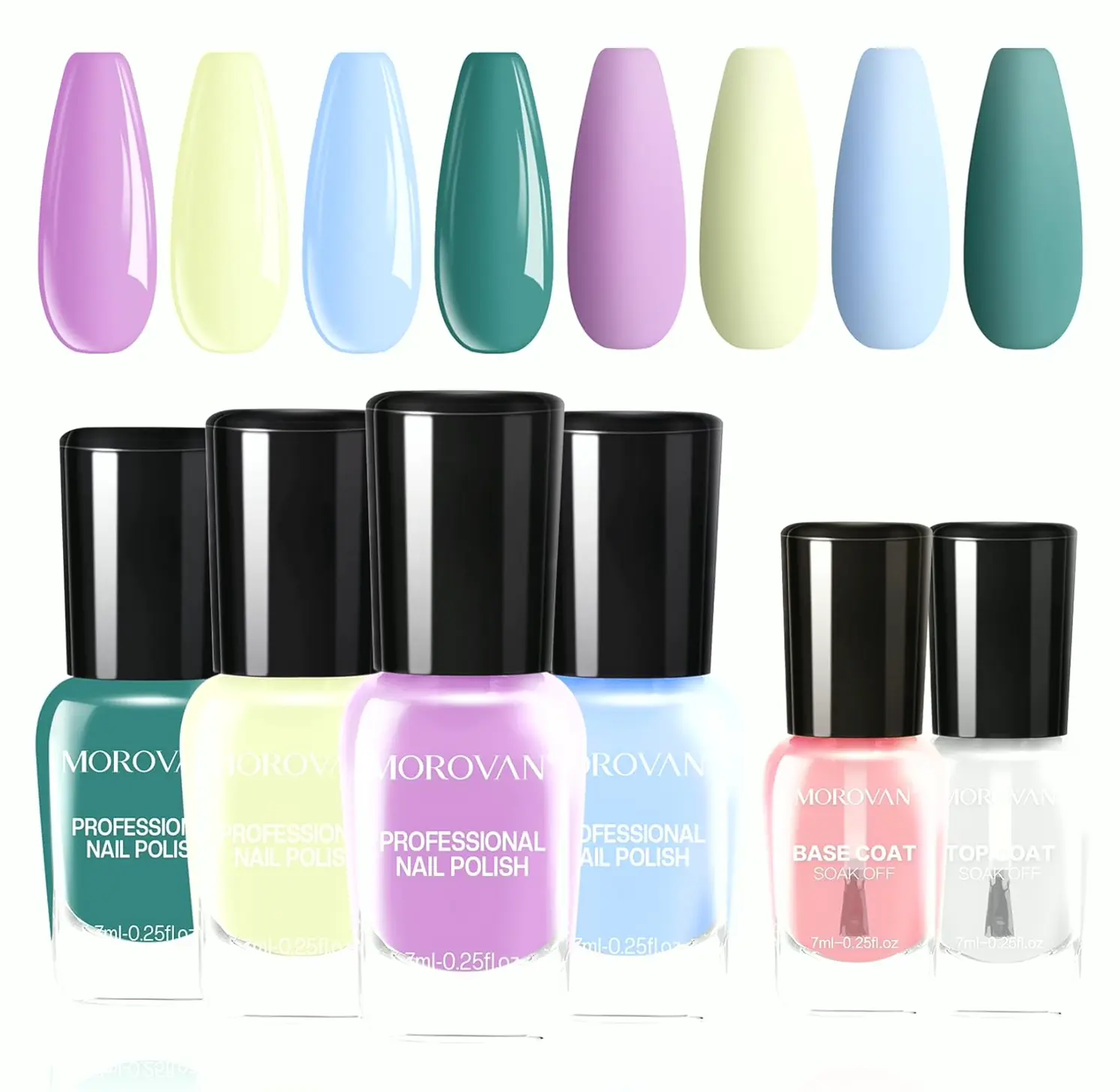 Morovan's Nail Polish Set: Quick Dry Macaroon Colors w. Foundation & Top Coat
