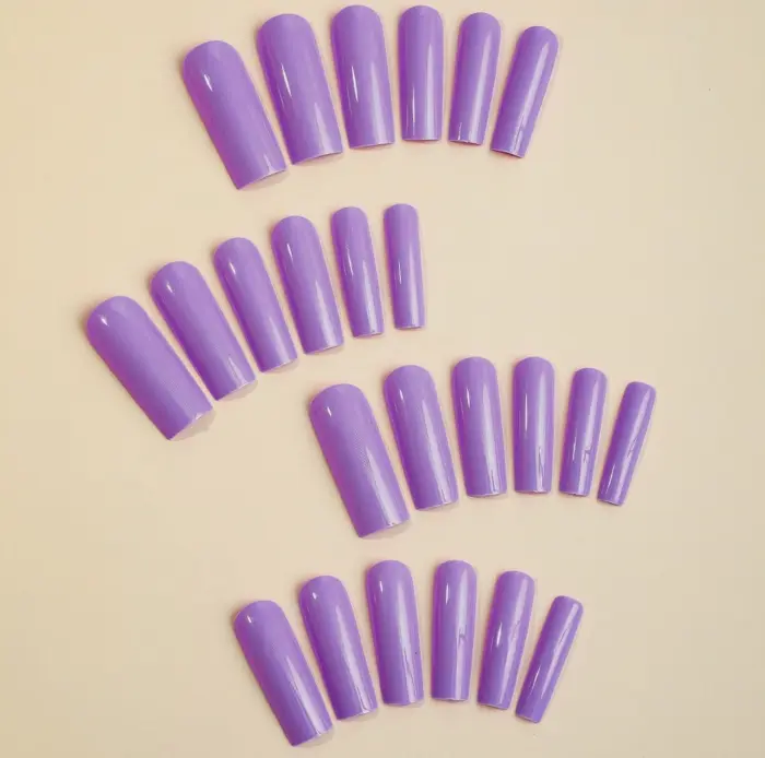 24 Purple Press-On Nails Glossy Tall Coffin Design
