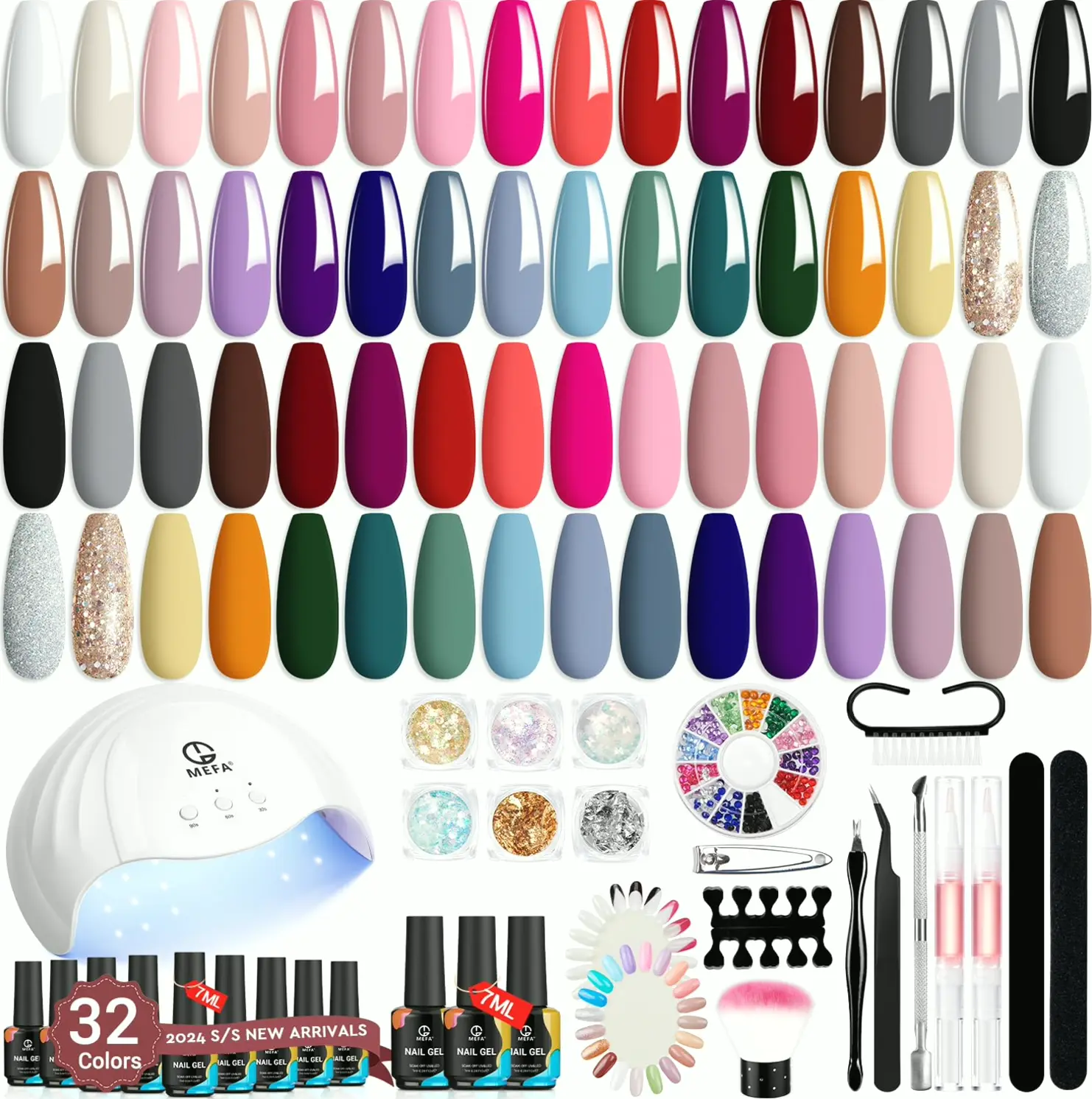 MEFA Brand 56-Piece Gel Nail Polish Kit with UV Lamp, 32 Shades, Matte/Glossy Top Coats, Nail Decorations