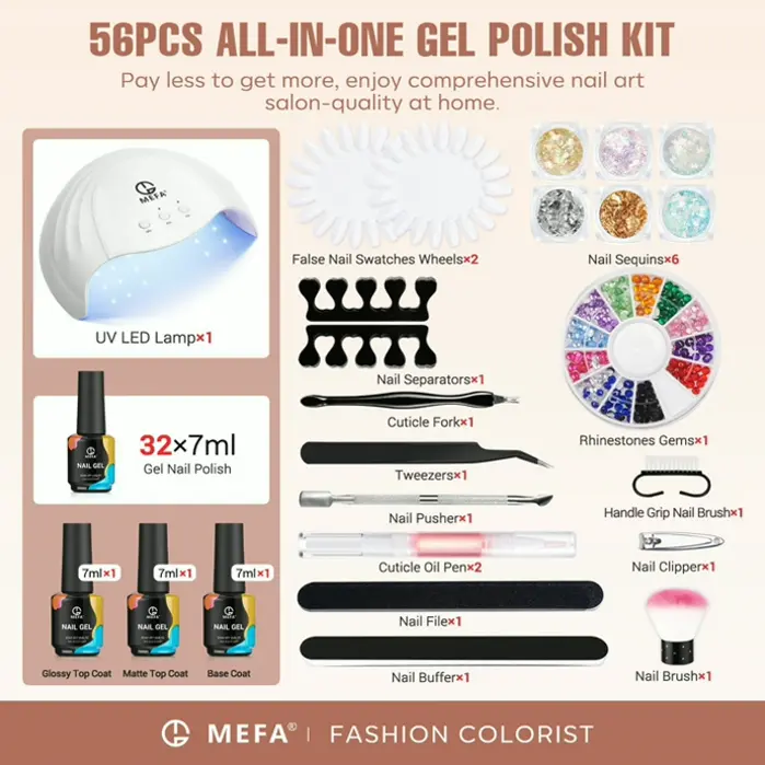 MEFA Brand 56-Piece Gel Nail Polish Kit with UV Lamp, 32 Shades, Matte/Glossy Top Coats, Nail Decorations