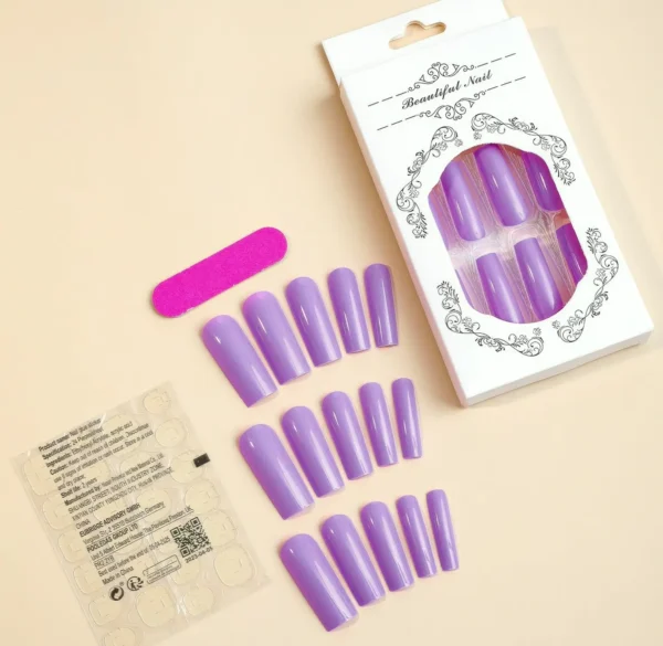 24 Purple Press-On Nails Glossy Tall Coffin Design