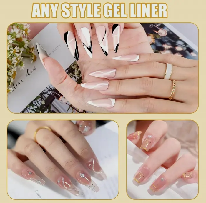 Nail Liner Paint Collection 10ml, 4 Shades: Dark, White, Golden, Silver