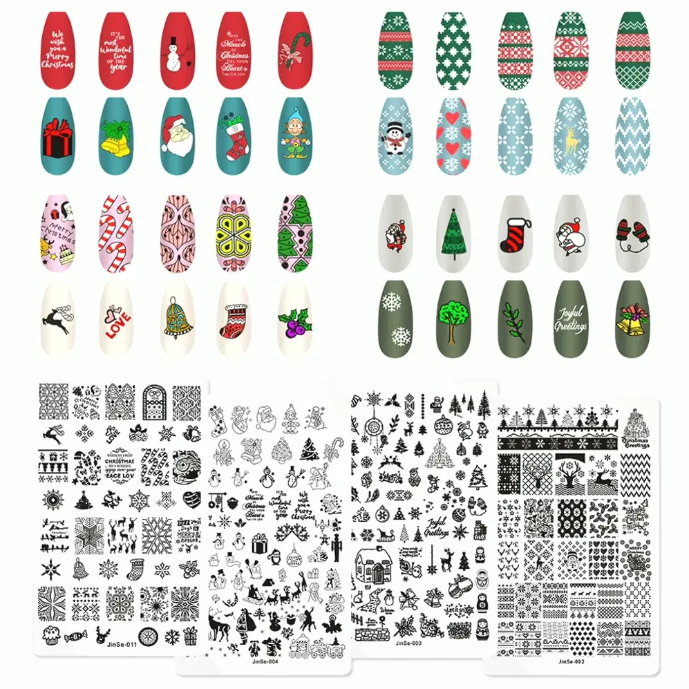 4Pcs Holiday Nail Stamping Plates Set, Santa, Bell, Snowflakes