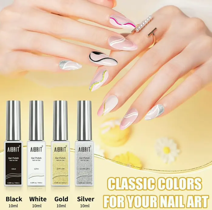Nail Liner Paint Collection 10ml, 4 Shades: Dark, White, Golden, Silver