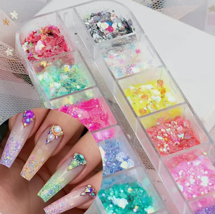 12-Color Iridescent Nail Sequins Flakes Kit