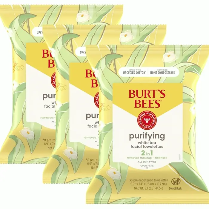 Burt’s Bees Tea Face Towelettes, Hydrating Cosmetic Remover, Thirty Ct. Bundle