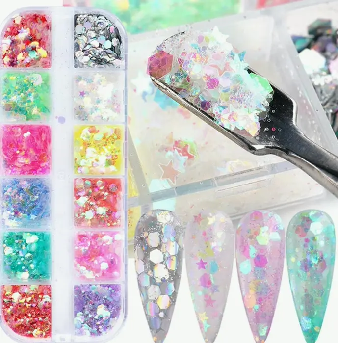 12-Color Iridescent Nail Sequins Flakes Kit